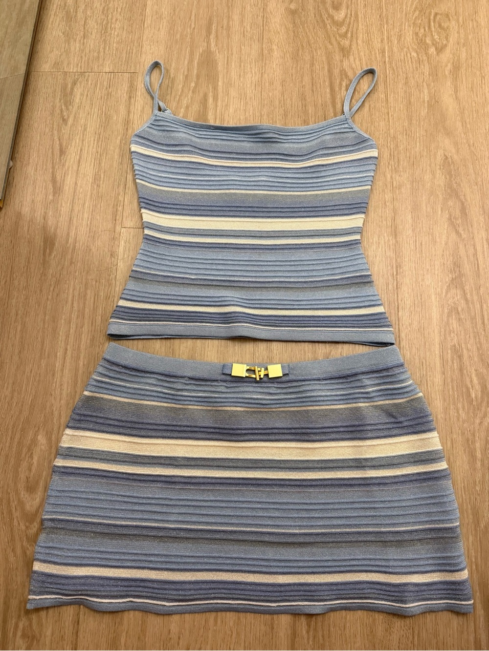 REVOLVE Blue & Cream Striped Knit Mini Skirt Set